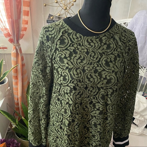 Women's ZARA long Sweatshirt olive Green Lace Top size L - Picture 4 of 6